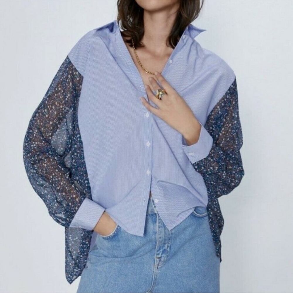 ZARA S Pin Stripe Ditsy Floral Sheer Bat Wing Oversized Button Front Shirt